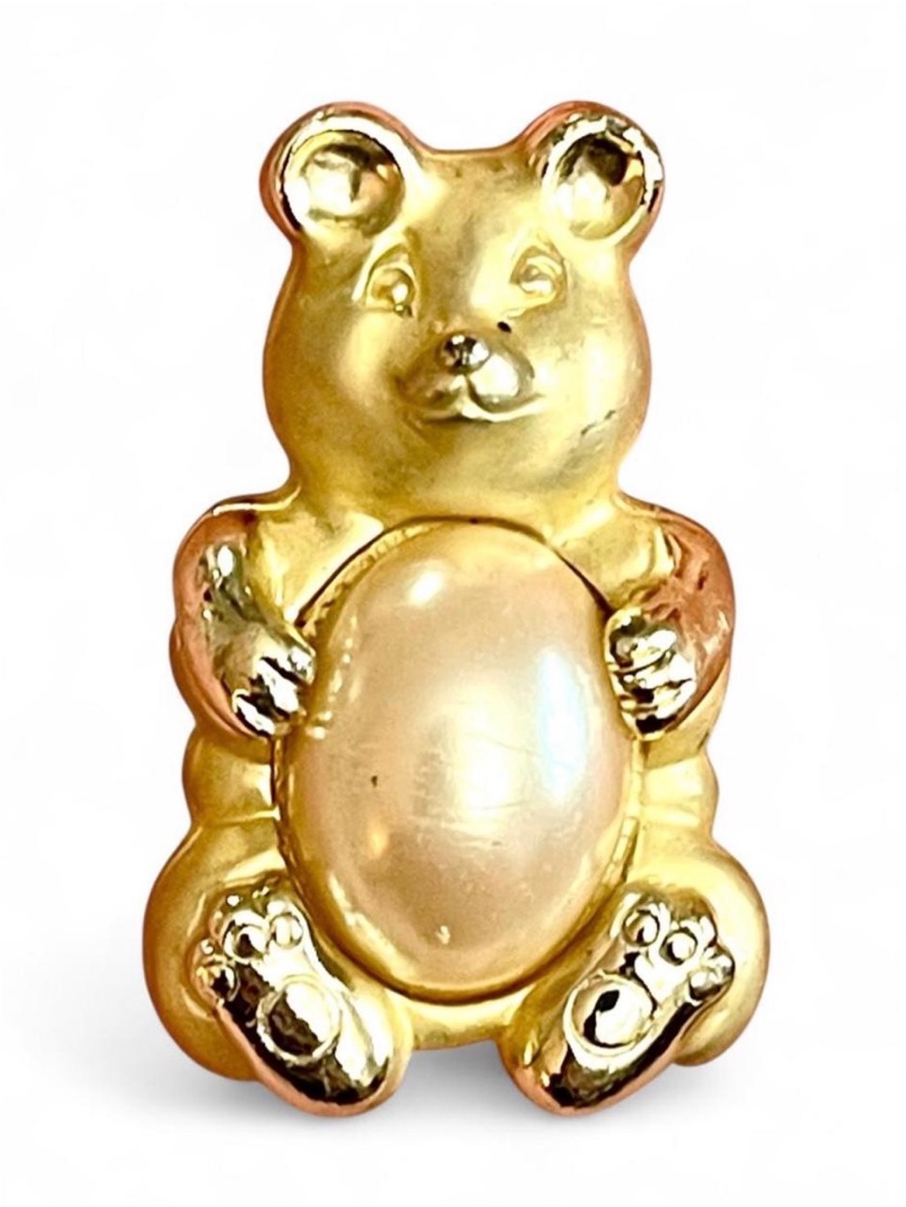 Vintage Gold Teddy Bear Jelly Belly Brooch Pin Ivory Cabochon Retro Playful 1980